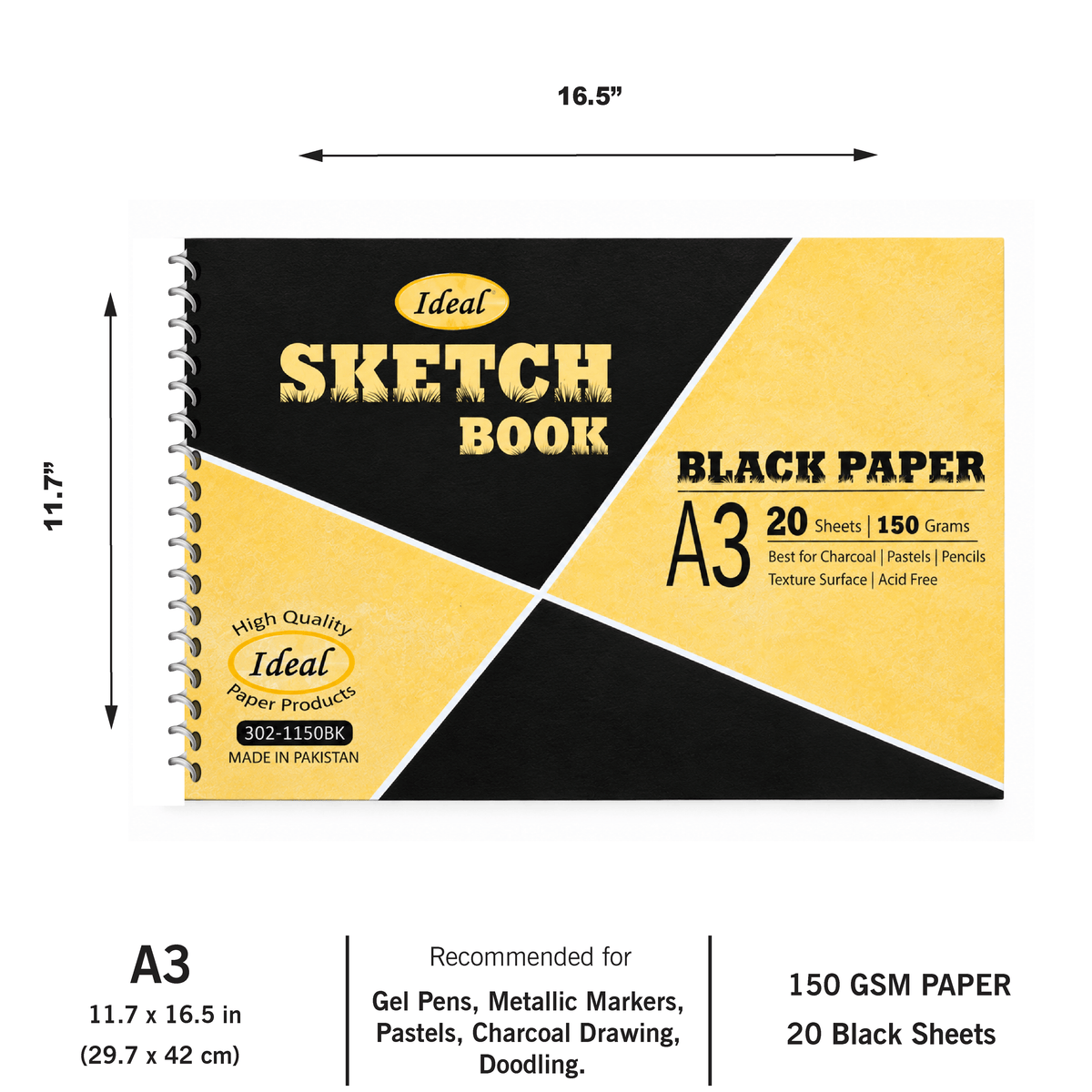 Black Paper Sketch Book - A3 Size - 20 Sheets - 150 gsm