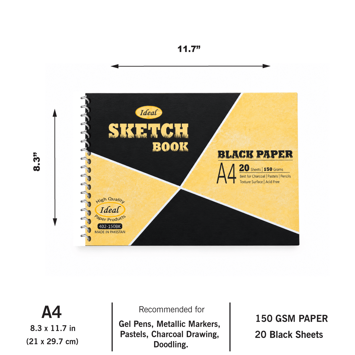 Black Paper Sketch Book - A4 Size - 20 Sheets - 150 gsm