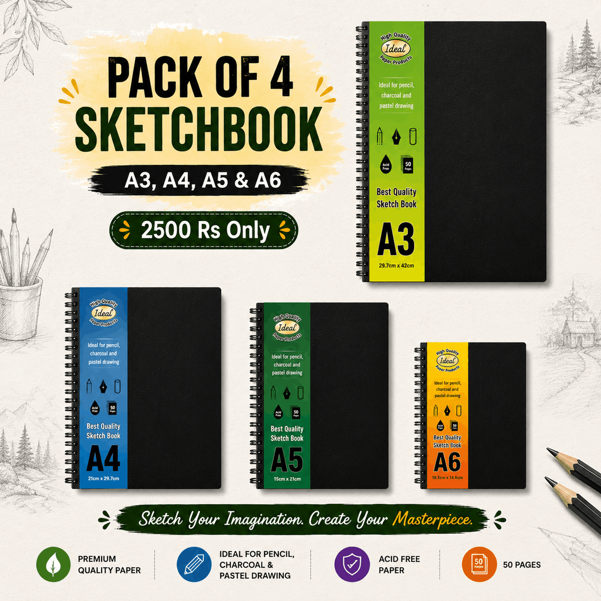 Sketch Book Journal Bundle - Pack of 4 Pcs – 50 Sheets – 130g Paper